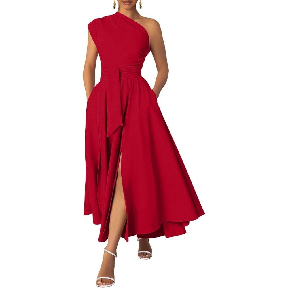 Women's Polyester Spandex Maxi Dress One Shoulder Belted Pockets Formal